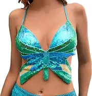[Byhsoep] Sequins Belly Dance Costume Bra Top, Butterfly Top Glitter Women's Carnival Mermaid Top Women's Club Sexy Strappy Top with Halterneck, Blue, 20