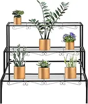 EZONEDEAL 3 Tier Stair Style Large Metal Plant Stand, Garden Display Shelf Flower Pot Holder Storage Organizer Rack for Indoor Home Outdoor Patio Balcony Yard-Black