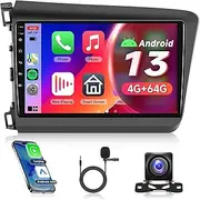 4G+64G Rimoody Car Radio for Honda Civic 2012-2015, Android 13 Car Stereo Wireless Carplay Andorid auto Mirror Link GPS Navigation 9'' HD Touchscreen WiFi Bluetooth FM/RDS EQ-32 SWC Backup Camera