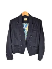 Elie Tahari Womens Linen Blend Crop Blazer Sz 8 Crest Buttons Open Front Lined