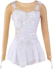 [MOrfiL] Girls Professional Figure Skating Skirt Ice Skating Competition Costume Handmade Long Sleeve Figure Ice Skating Dress, White, XX-Large