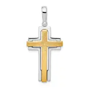 Sterling Silver Rhodium-Plated & Gold-Tone Brshd/Polished Cross Pendant