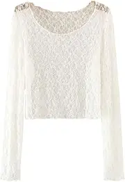 [YEKEYI] Long Sleeve Mesh Top Mock Neck Sheer Blouse See Through Floral Lace Tops for Women