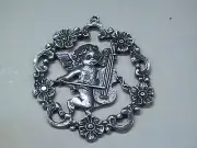 NEW NOS Vintage Angel Playing String Pewter Christmas Ornament 2" x 2"