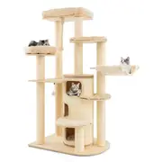 Costway All in 1 Cat Tree Wood Scratching Post Kitty Activity Center Condo House w/Teasing Ball Beige
