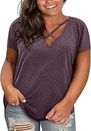 [Haloumoning] Womens Plus Size Tops Summer Short Sleeve Sexy V Neck Criss Cross T-Shirts Tunic Casual Loose Cotton Tee Shirts
