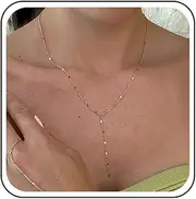 [TseenYi] Y Lariat Necklace Gold Chain Lariat Necklace Minimalist Chain Y Drop Necklace Long Chain Y Shape Necklace Long Flat Chain Drop Necklace