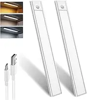 Closet Lights 2 Packs, 40cm, 3 Color Dimmable Motion Sensor Light, 80 LED Under Cabinet Lighting, Wireless USB Rechargeable Night Light Bars with Battery Operated for Wardrobe/Stairs/Kitchen, Silver