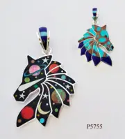 CELESTIAL MULTICOLOR TURQUOISE ONYX OPAL SPINY INLAY .925 SILVER HORSE PENDANT