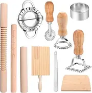 11Pcs Pasta Making Tools Kit, Efficient Pasta Making Set with Wooden Threaded Rolling Pin Gnocchi Board Dough Cutter Dumpling Maker Multi Purpose Ravioli Pasta Maker Set for Kitchen