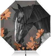 [PDZRMY] Horse Floral Butterfly UV Protection Travel Umbrella Compact for Rain and Sun - Auto Open and Close UPF 50+ Windproof Portable 46” Sun Umbrella for Women and Men