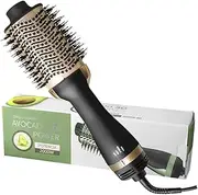 Curling Iron Brush Anti-Scald Bristles - Instant Heat Up, Dual Voltage Ceramic Tourmaline Ionic Hair Curling Wand, Instant Heat Styling Brush for All Hair Types,Gold