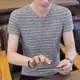 短袖男冰絲T恤夏季V領鏤空時尚潮流韓版修身純色半袖體恤男裝上衣