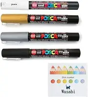 Uni Posca Paint Marker Extra Fine (0.7mm) SPECIAL SET!! - WHITE / GOLD / SILVER / BLACK, & Wasabi Sticky note