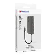 Verbatim 8-in-1 USB-C to HDMI/RJ45/SD/microSD 100W Hub Port For Laptop Grey
