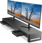 2 in 1 Dual Monitor Stand Riser with 2 Drawers and 4 USB Ports,Metal Computer