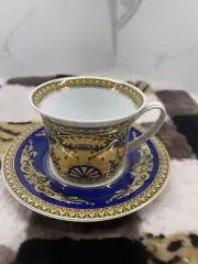 ROSENTHAL VERSACE BLUE MEDUSA COFFE CUP AND SAUCER SET PORCELAIN HAIRLINE ON CUP