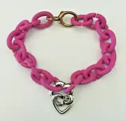 X by TROLLBEADS 7.5" Heart & Floral Brass Lock Hot Pink Link Bracelet NEW w/BOX!