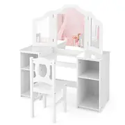 Babyjoy Kids Vanity Dressing Table Set w/Removable Mirror Children Study Desk and Chair Set White