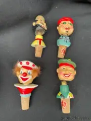 4 Vintage BobbleHead Clown Bottle Stopper Bar Wine Whiskey Gin Vodka Cork Nodder