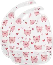 Yoogain Happy Cartoon Pig White Bibs with Snaps Baby Must Haves Cotton 2 Pack Bibs and Burp Cloths Bibs for Teething