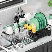 Expandable Dish Drying Rack with Drain (32-54cm, 2-in-1 Dish Drying Racks for Kitchen Counter Sink, Detachable Rustproof Dish Drainer Rack with Drainboard, Pan Slots and Utensil Holder,Black