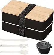 Lunch Bento Box with Spoon/Fork/Knife & Sauce Container, All-in-1 Stackable Japanese Bento Lunch Box with Food Compartments, Leak-Proof Bento Lunch Containers, Microwave & Dishwasher-Safe (BK)