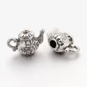 2 Teapot Charms Antiqued Silver Tea Party Pendants 3D Miniature Tea Pot