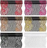Swpeet 6Pcs 1 Yard by 7" Wide Floral Pattern Lace Fabric Stretch Elastic, Black Trim Lace Ribbon, Elastic Sewing Trim Ribbon for Garment, Headbands, Wedding Bouquet Making DIY Crafts