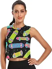 [ODAWA] Colorful Skateboards Black Womens Sleeveless Crop Tops Athletic Running Tank Tops