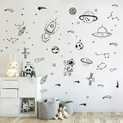 Wall Decor for Boys Room Art Outer Space Star Rockets Planets Stickers Removable Space Wall Decal for Children Bedroom Decoration Black