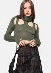 [DARKER WAVS] Distortion Olive Knit Cutout Turtleneck Top