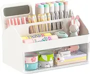 SAYEEC Desk Organizer with Drawer and Pencil Pen holder Multi-Functional Desktop Makeup Stationery Accessories Organizer Desk Organization Storage Box Caddy for Office School Home (White with Handle)