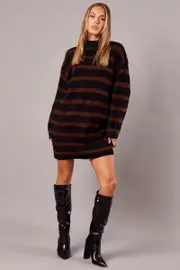 Brown Stripe Knit Jumper Dress Mini - Size M, Women's Knit Dress