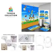 Mario Bathroom 4 Pieces Set Shower Curtain, Toilet Lid Cover and Bath Mat, No...
