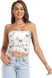 [RPLIFE] Playful Llamas White Crop Top Strapless Top, Sheer Tube Tops, Sexy Tube Tops (S)