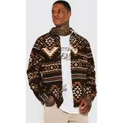 Mens Black Aztec Print Borg Overshirt