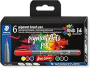 STAEDTLER Brush Pen Pigment Arts, Premium Drawing Ink, Brush Tip for Variable Line Width, Waterproof, Quick-Drying, 6 Brush Pens in Assorted Colours in Cardboard Case, 371 C6-9