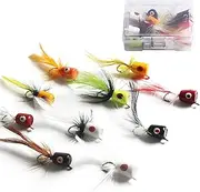 10-Piece Topwater Popper Fly Fishing Lures for Bass, Sunfish, Bluegill, Crappie, and Panfish with No.8 Hook and Storage Box