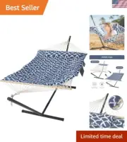 Extra Large Double Portable Hammock with Stand - 475 lbs Capacity, Blue Pattern