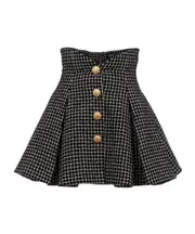 Balmain Check Patterned Tweed Tulip Mini Skirt FR38 Black