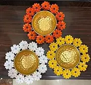 Agaas Enterprises Beautiful Golden Flower Decorative Pot/ Bowl for Floating Flower Urili/Urli Bowl Floating Candle/Potpourri Round Diya Flower (Pack of 3)