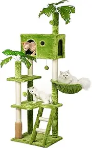 Meecal Large Cat Tree with Leaves for Indoor Cats Large Adult,65" Green Cat Tower with Scratching Post,Hanging Hammock,Cozy Perch,Swing Ball,Self Groomer and Cat Ladder,Cat Tree Tower