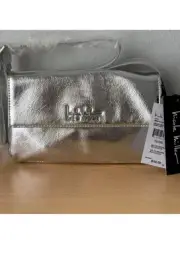 New Nicole Miller Shiny Metallic Silver Hand Bag Small Purse Short Strap Formal