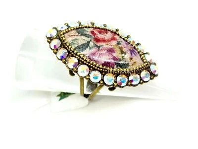Lovely Big Michal Negrin Clear Crystal Wonderful Flowers Enamel Work Ring.