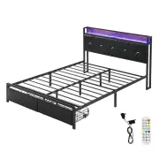 Double Size Metal Bed Frame with LED Lights & 2 Storage Drawers | PU Leather Headboard, USB Charging & Sturdy Slatted Base