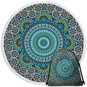 Turquoise White and Yellow Mandala Round Beach Towel