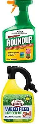 Roundup Regular Ready to Use Weed Killer (1L) + Lawn Builder 3 in 1 Feed Fert...