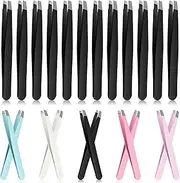 Glarks 12Pcs Black Eyebrow Tweezers Stainless Steel Slanted Tip Tweezers Professional Facial Hair Eyebrow Precision Tweezers for Men and Women (Black)