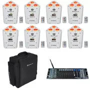 (8) Rockville RF WEDGE WHITE RGBWA+UV Wireless DMX Lights+Backpack+Controller